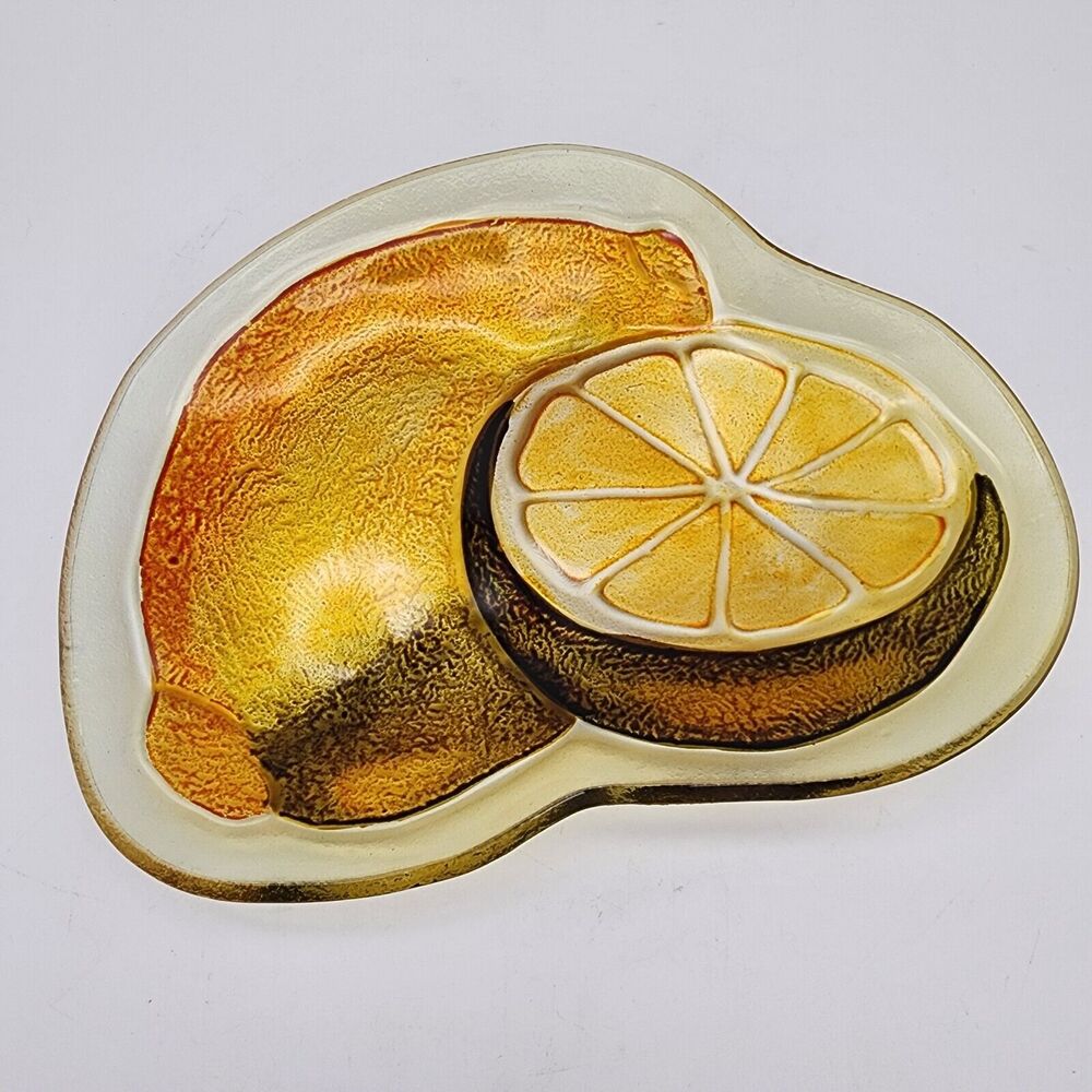 Lemon Embossed Glass Platter Textured Dichroic Tray MCM Retro 9x6.5" Vintage 70s